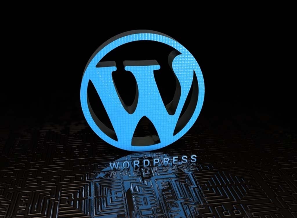 An image of a 3D WordPress image reflecting off the floor in a dark area